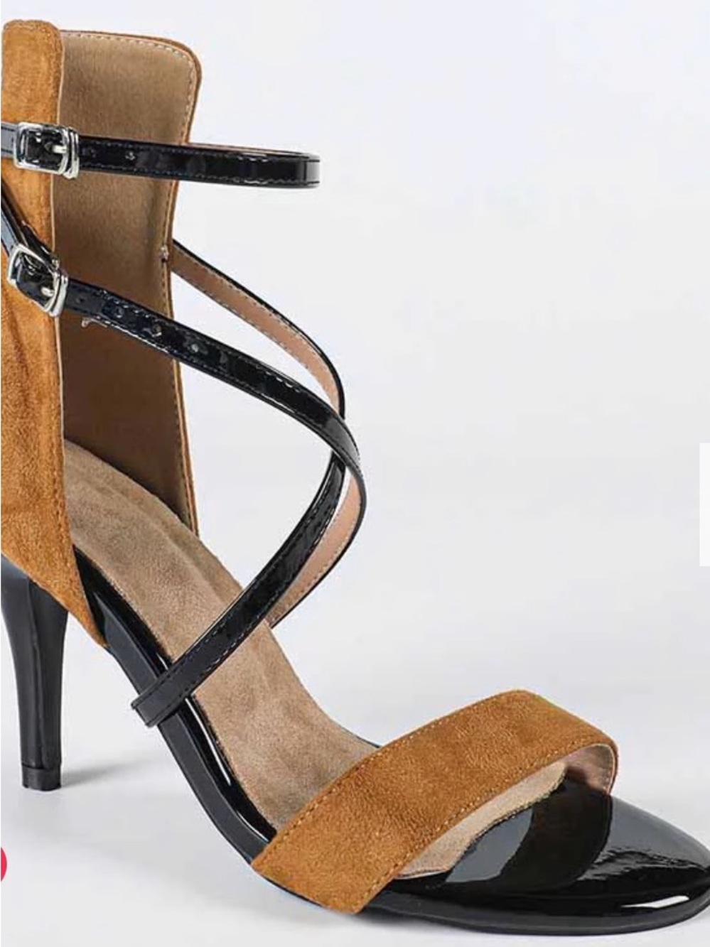 Two-Tone Suede & Patent Strappy Heel Sandal - Black & Tan